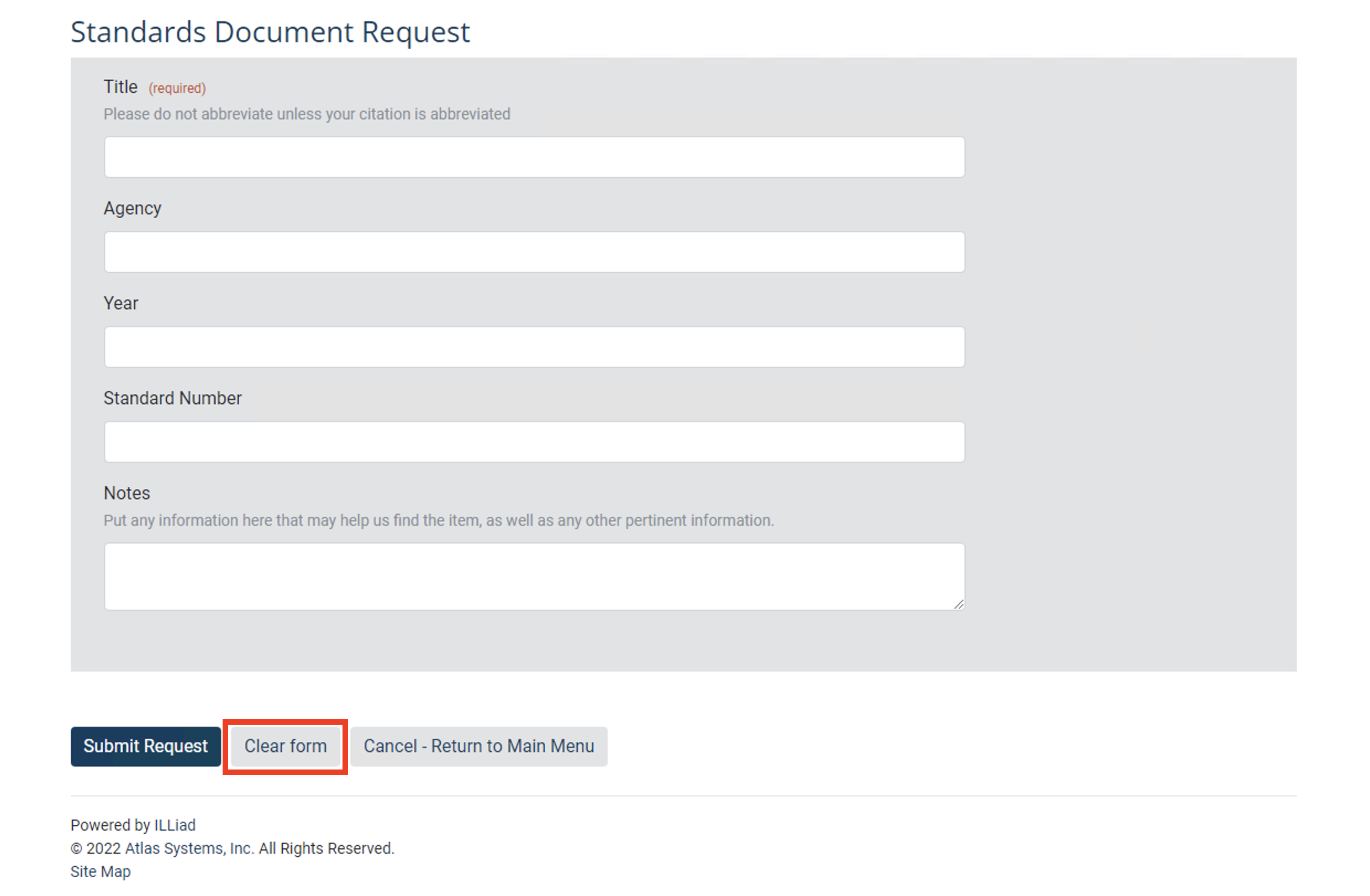 Clear Form button on an ILLiad request form