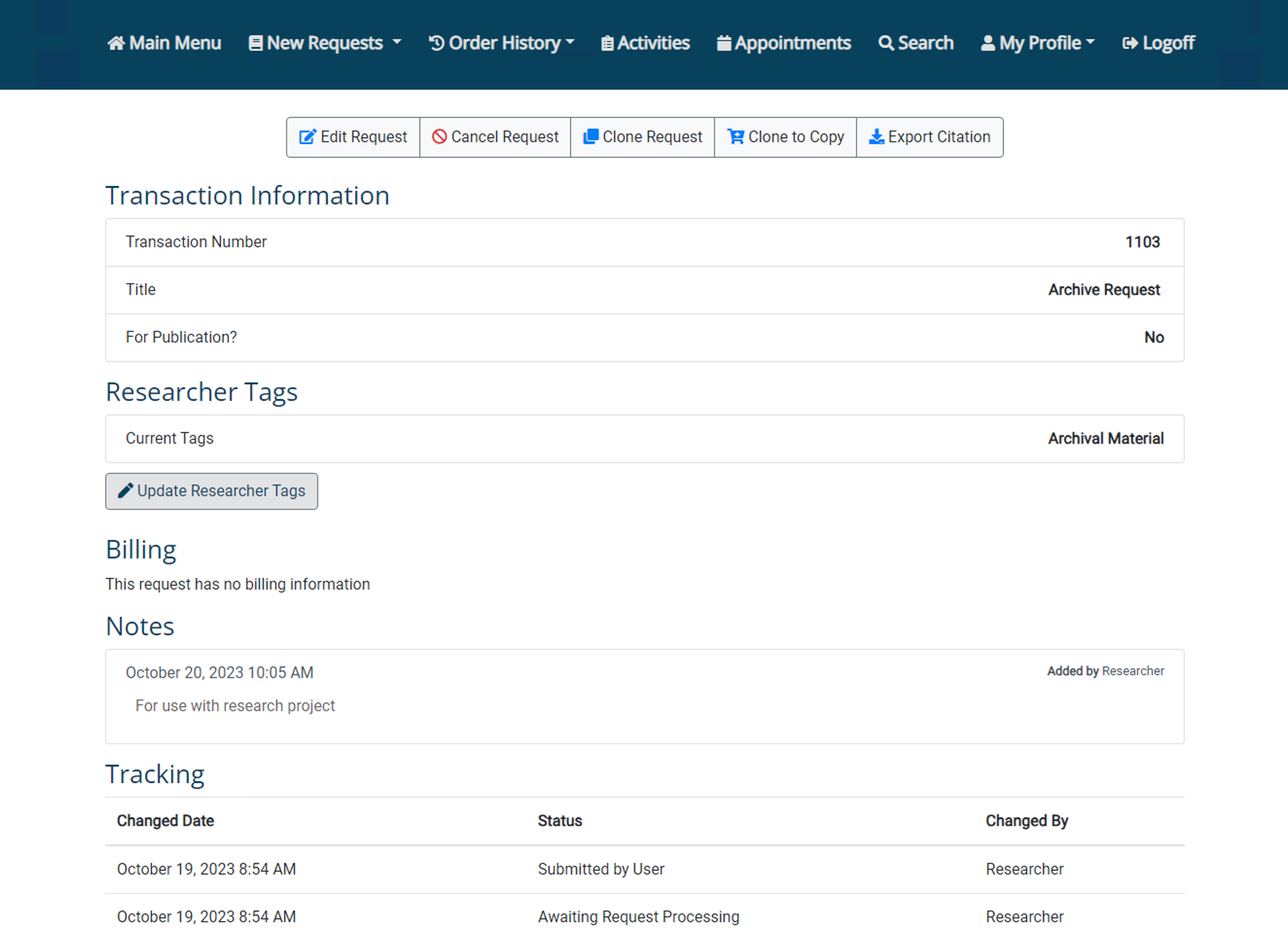 Transaction Information page