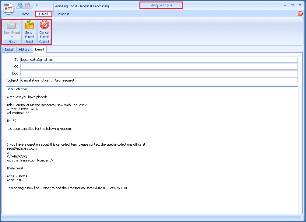 Sending Email about a Request – Atlas Systems